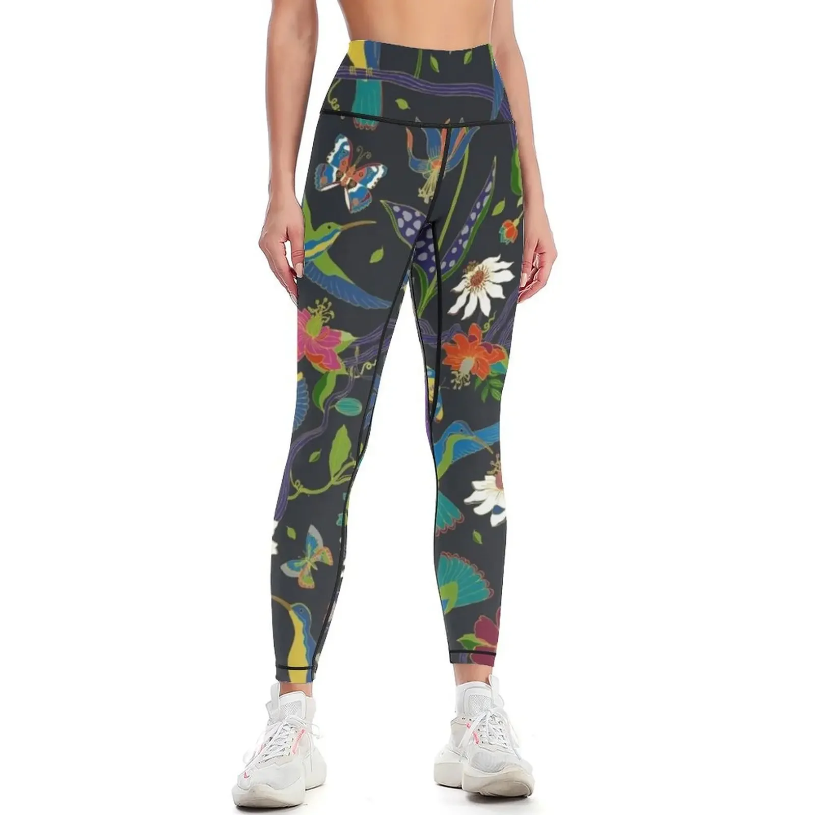 

Hummingbirds and Passionflowers - Cloisonne on Black - pretty floral bird pattern by Cecca Designs Leggings