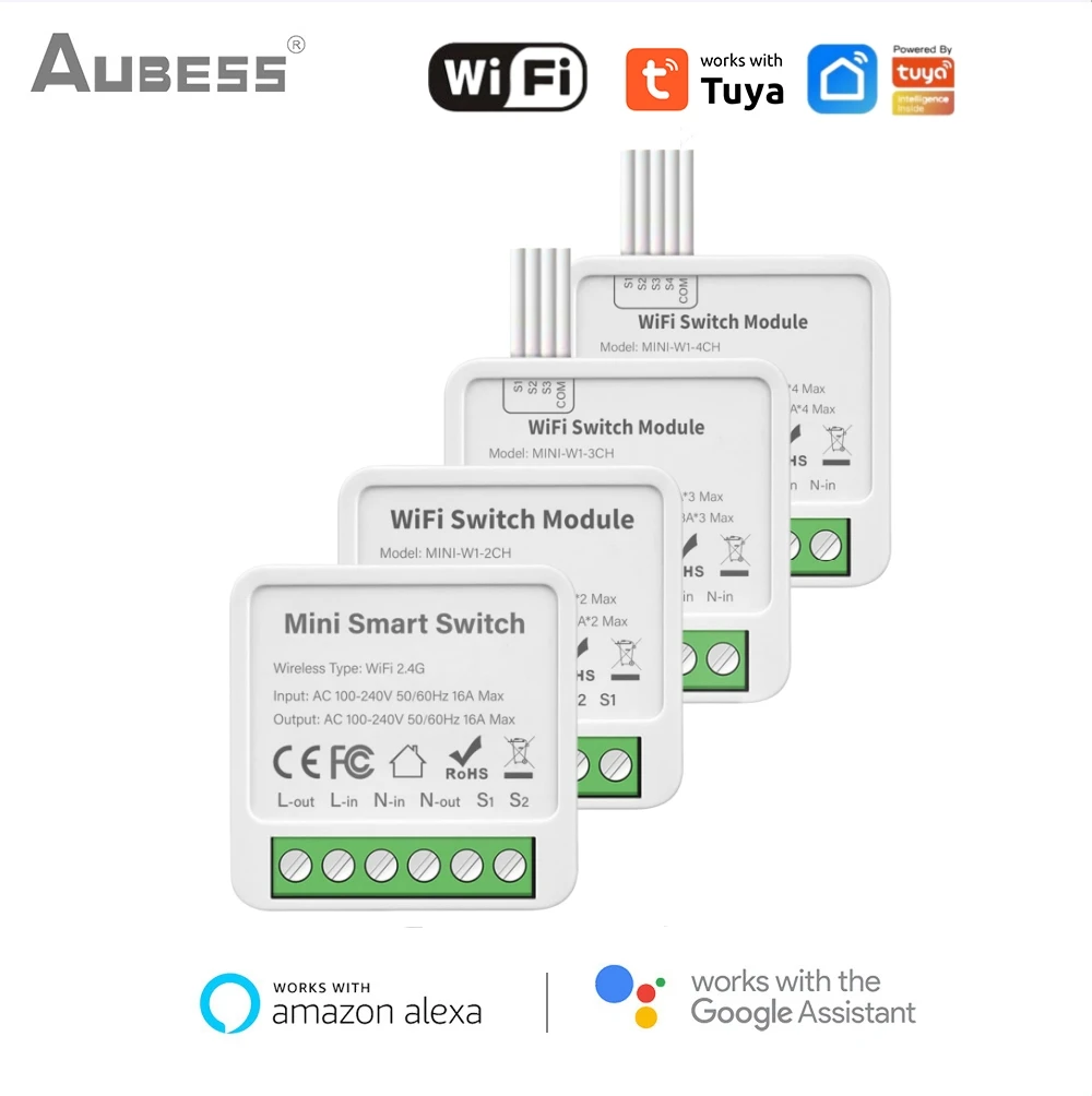 Aubess Zigbee/Wifi 1/2/3/4CH Tuya MINI Smart Switch Two-Way Control Wireless Light Switch Smart Home Automation Via Alexa Google