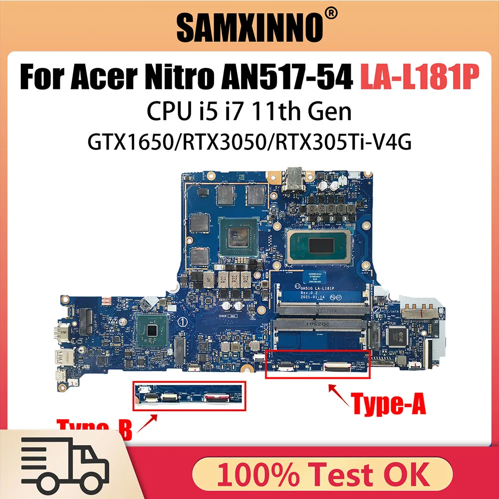 เมนบอร์ด LA-L181P GH51G สำหรับ ACER Nitro AN517-54มาเธอร์บอร์ดแล็ปท็อป AN515-57 NBQET11003 i5 11TH CPU GTX1650 RTX3050 Ti V4G