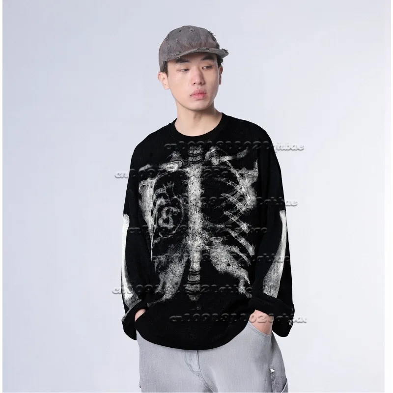 

American Street Skeleton 3D Printed Long Sleeved T-shirt for Men and Women, Loose Casual Breathable Quick Drying Top