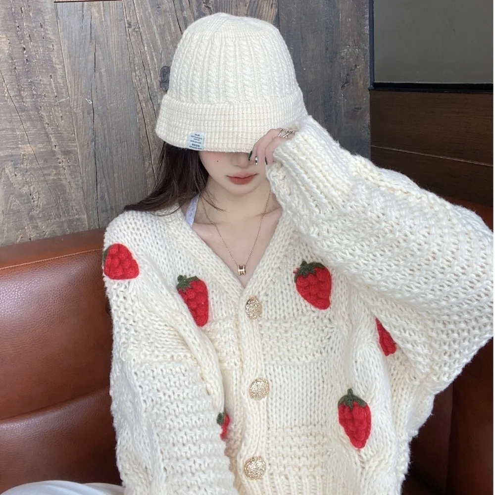 

Gentle Strawberry Cardigan V-neck Loose Fit Button Front Sweater Short Top Soft Knitted Cute Strawberry Sweater Women's Wear
