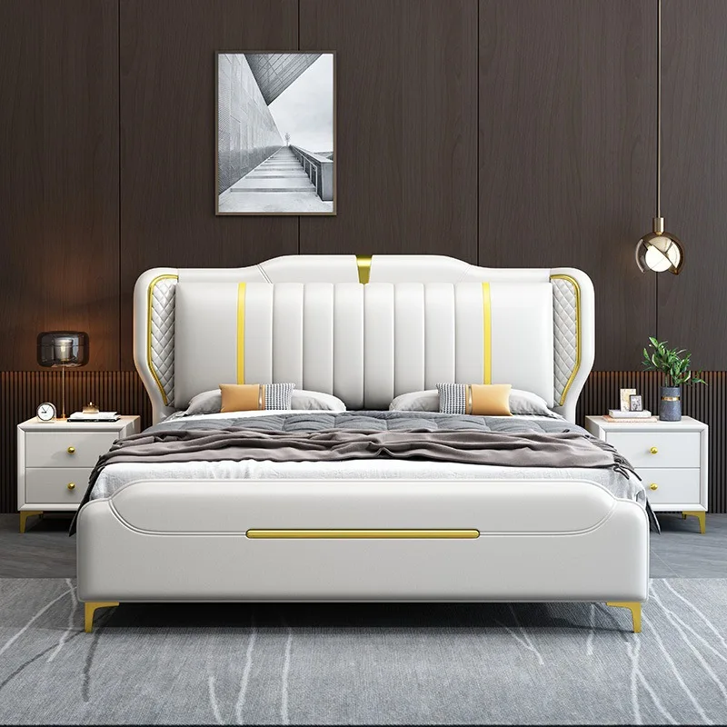 Modern Design Luxury Wooden Frame King Size bed Bedroom Furniture queen Leather Comfort Storage Soft Bed