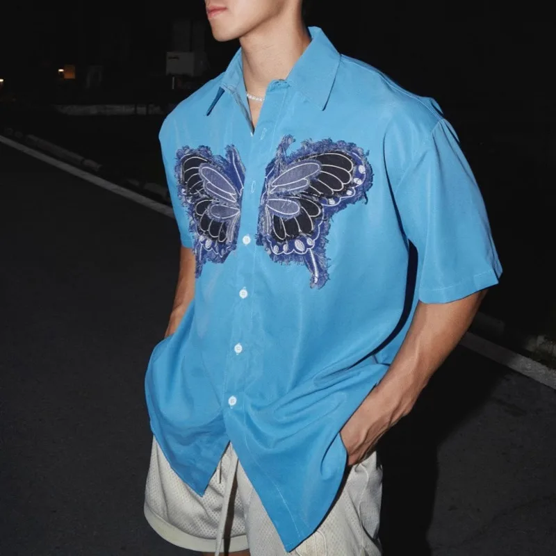 Casual Short Sleeve Denim Patchwork Shirts For Mens Summer Stylish Butterfly Embroidery Tops Male Vintage Button Up Shirt