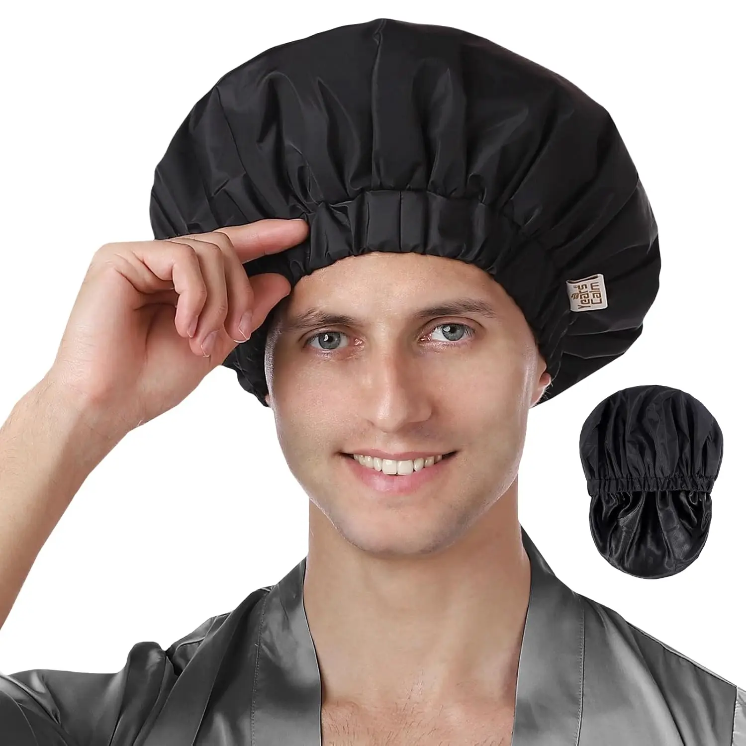 

Shower Cap for Men Waterproof Reusable - Fashion Dual-Layer Design, Adjustable Elastic Band for Long & Curly Hair, XL