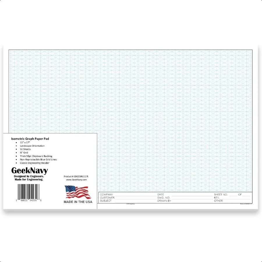 

11 x 17 Isometric Graph Paper 50 Sheets Landscape 0.25 Grid Nonphoto Blue High Brightn Drafting Engineering Art 3D Design 1Pack