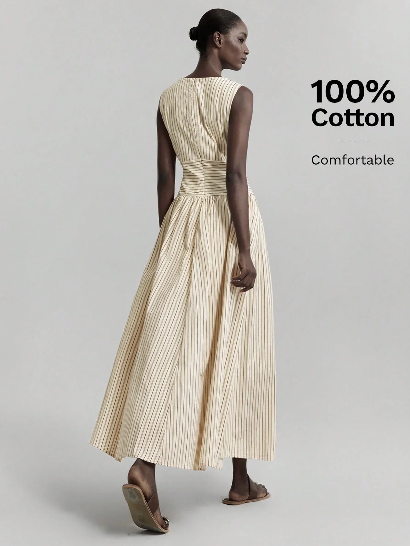 Striped Sleeveless Round Neck Pleated Waist A-Line Long Dress 100% Cotton