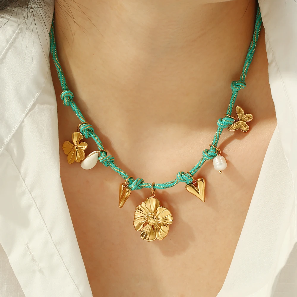 Fashion Rope Braided Handmade Stainless Steel Gold Plated Starfish Shell Heart Flower Charm Necklace for Women Popular Jewelry