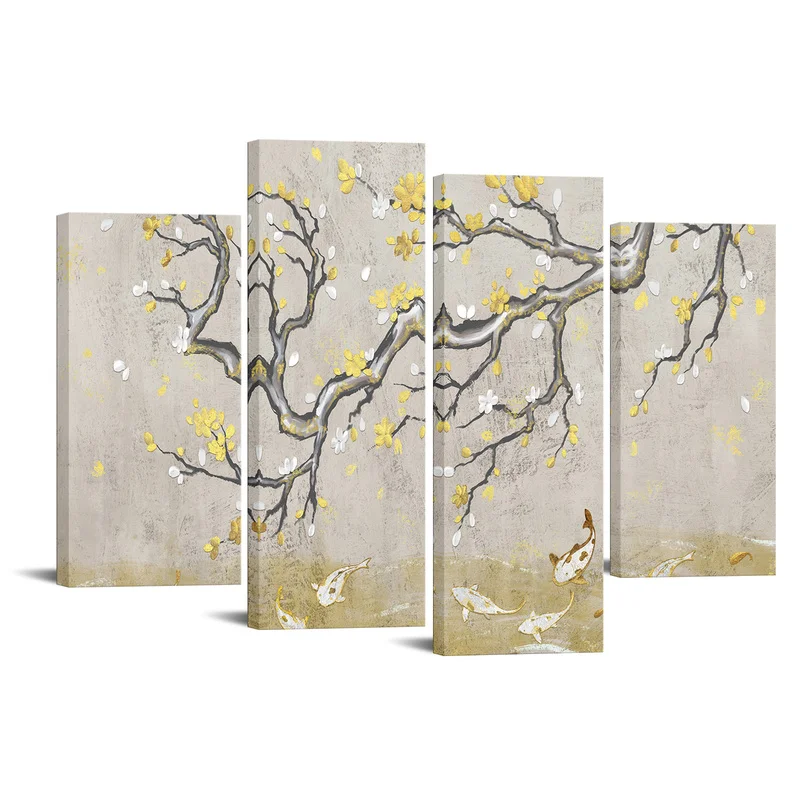 

4 Pieces Flowers and Fish Posters Home Decor Abstract Landscape Print Canvas Art Modern Style Picture Living Room Wall Art