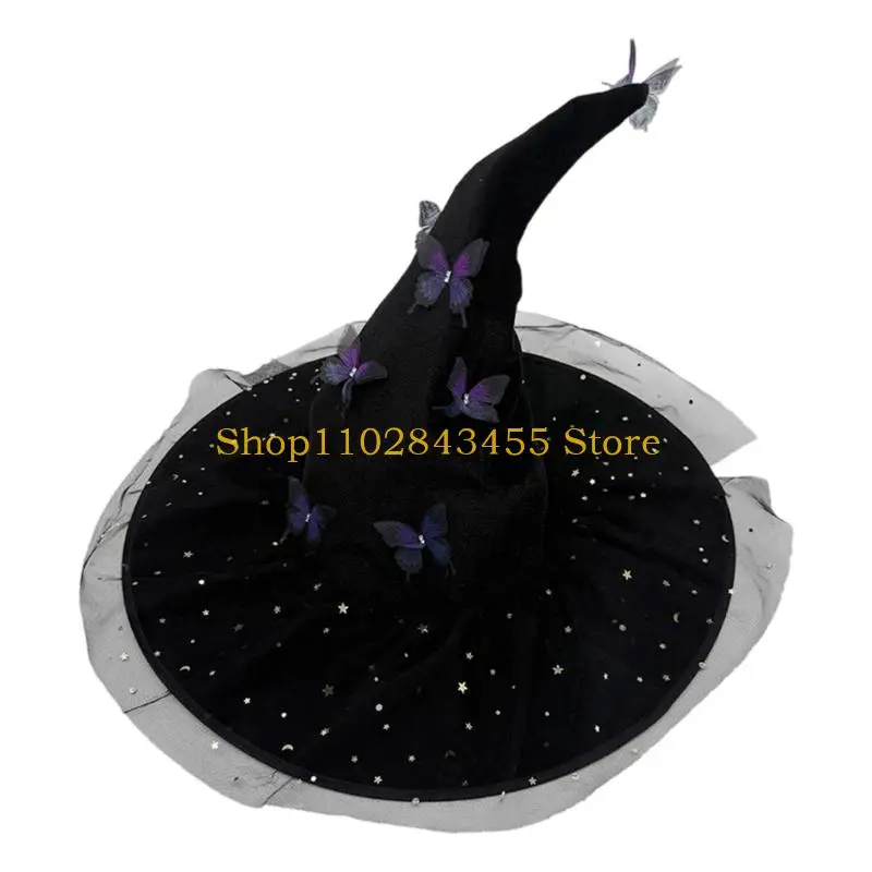 49MC Curved Horn Witch Hat With Detachable Butterfly Ornament Halloween Cosplay Headwear In 3 Elegant Colors
