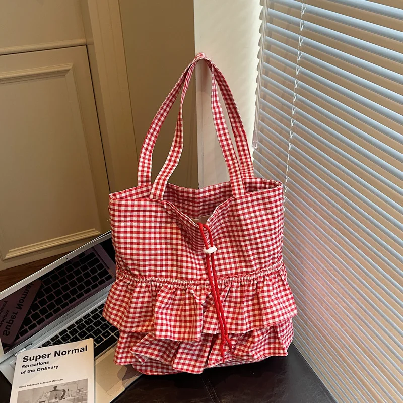 

Casual Plaid Ruffle Design Shoulder Bags for Women High Capacity Ladies Tote Bag College Style Girls Drawstring Shopping Handbag