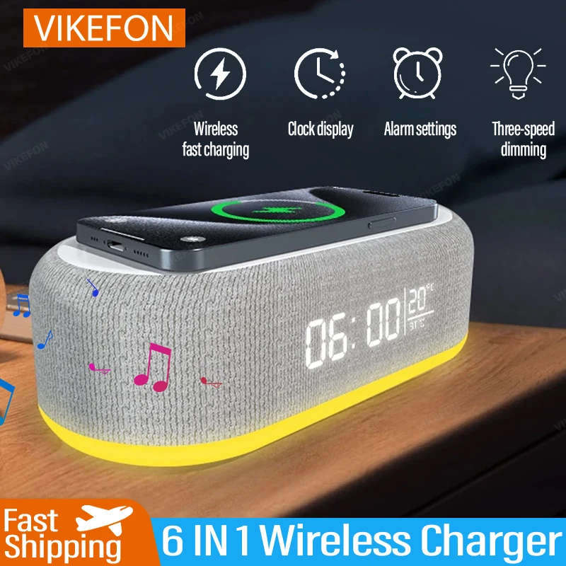 Wireless Charger Pad Bluetooth Speaker Alarm Clock LED Light Thermometer Earphone Phone Fast Charging Station for iPhone Samsung