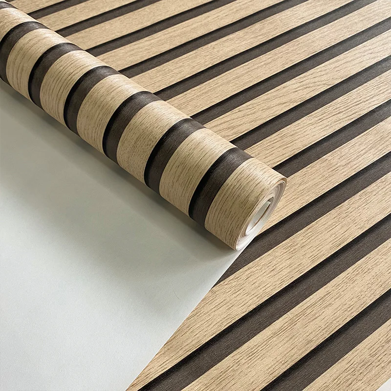 3D Effect Oak Wood Slats Retro Wallpaper PVC Wall Paper Roll for TV Wall and Living Room Decor Vertical Striped Non-woven Fabric