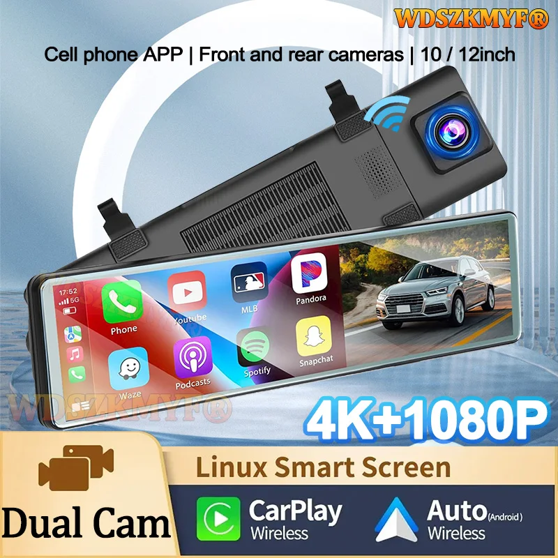 4K Mirror Car DVR Wireless Carplay Android Auto 10/12inch Front and Rear Camera Bluetooth FM Dash Cam for Car Camera for Vehicle