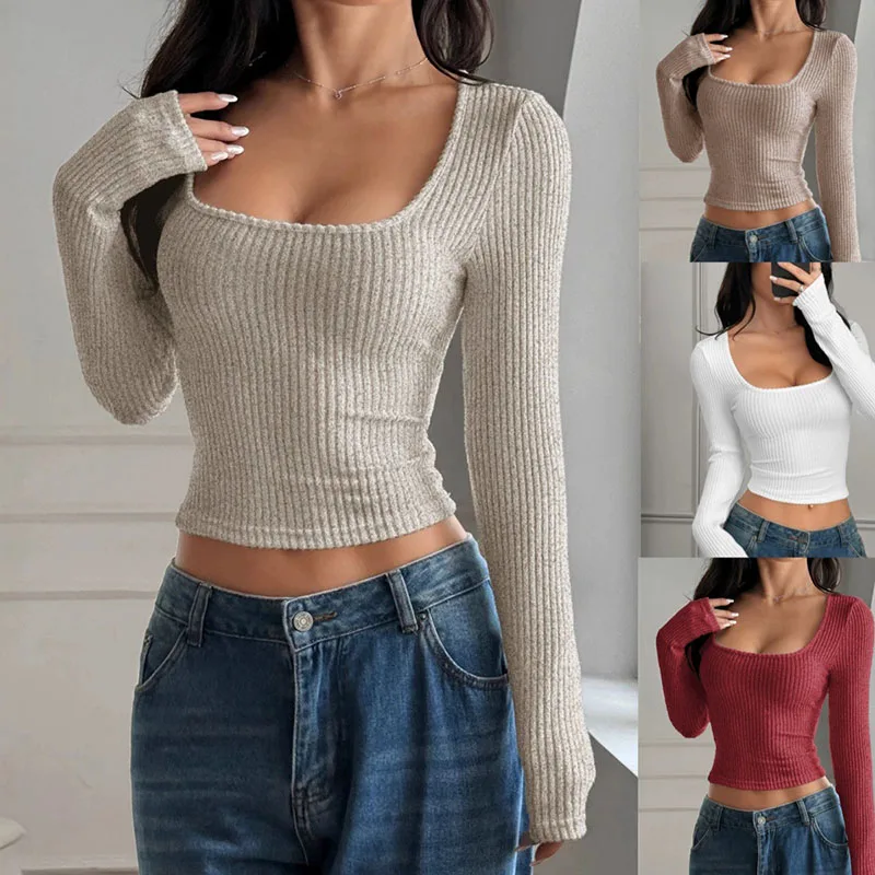 

Y2K Skinny Sexy Crop Tops Women Solid Color Long Sleeve Square Collar Ribbed T-Shirt Woman Basic Slimming Bottoming Tees Tops