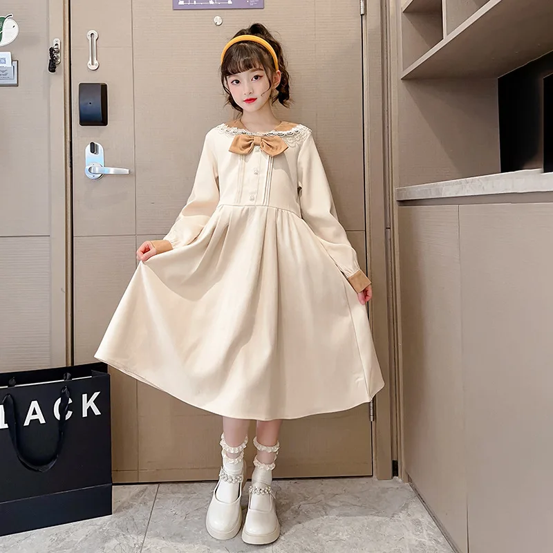 

2024 autumn Kids spring Dresses Child Clothes Teens bow peter pan long princecss Dress Girls Daily Wear retro casual 6 9 12 yaer