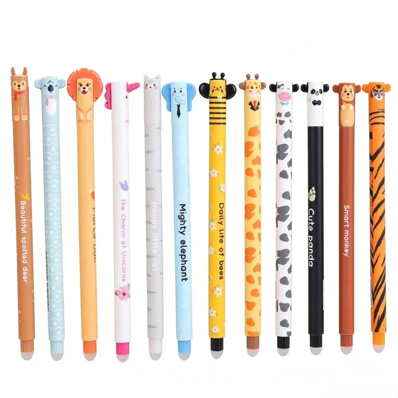 12 verschiedene Stile Niedlicher Tier-Motorstift 0,7mm Blaue Tinte Gelstift Löwe Elefant Einhorn Kugelschreiber mit Radierfunktion für die Schule – Detail 2