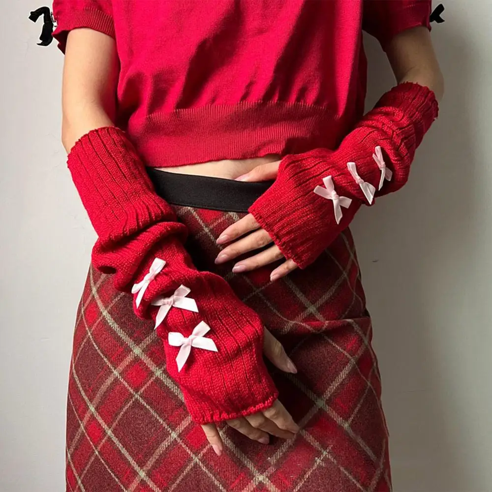 Punk Lolita Bowknot Arm Warmers para Mulheres, Y2K, Manga Gótica Doce, Luvas Japonesas Harajuke Sem Dedos