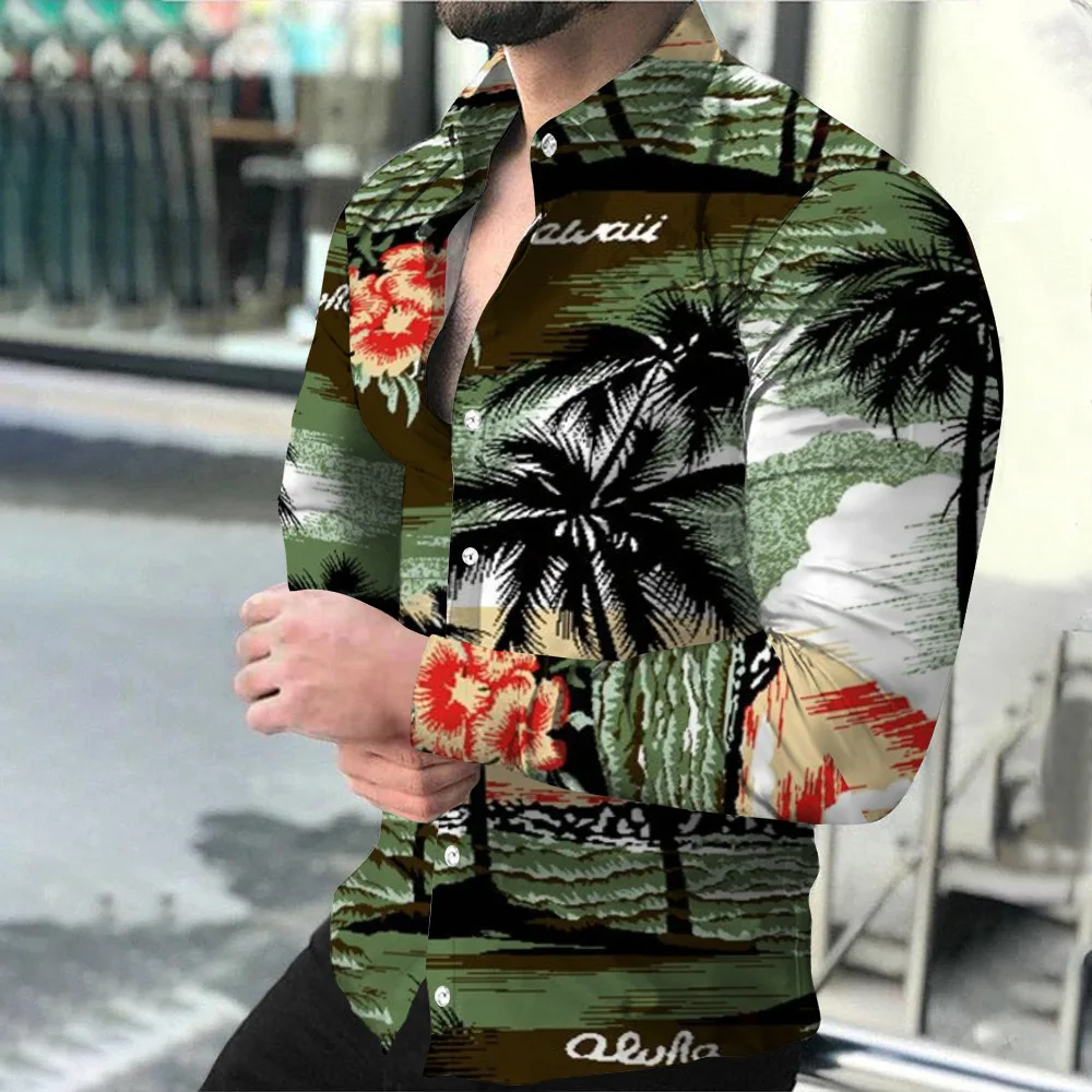 2024 New Spring and Autumn Colorful Splicing Casual Personalized Trendy Men\'s Long sleeved 3D Printed Shirt Large Shirt