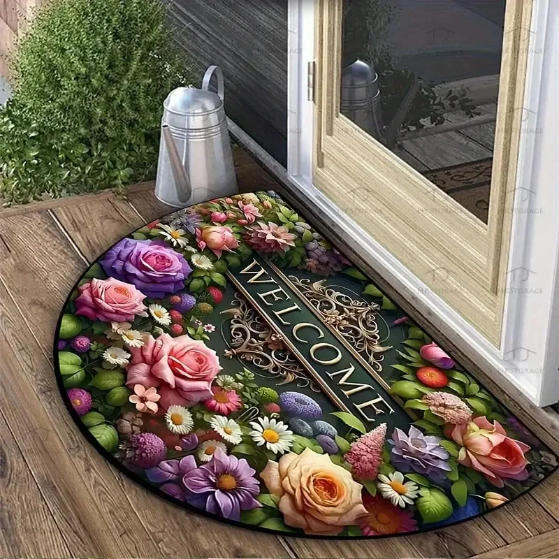 VIKAMA Halbrunder Blumen-Flanell-Teppich, weiche, rutschfeste Küchenmatte, für den Innen- und Außenbereich, Eingangstürmatte, Heimdekoration