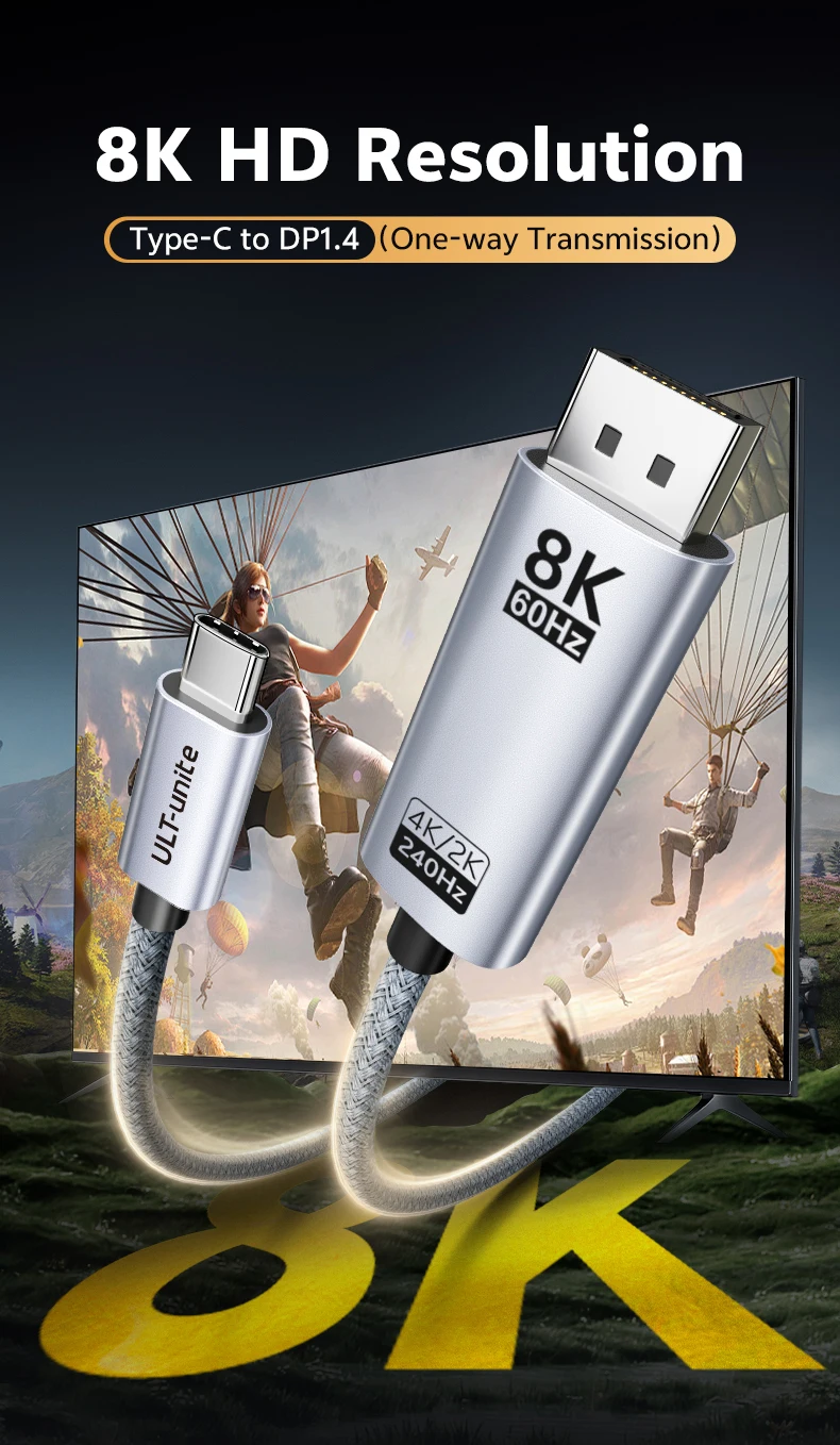 USB-C zu DisplayPort Kabel 8K60Hz, Thunderbolt 3/4 zu DisplayPort Kabel für MacBook Pro/Air, iPad Pro Typ-C zu DP Displaykabel – Detail 1