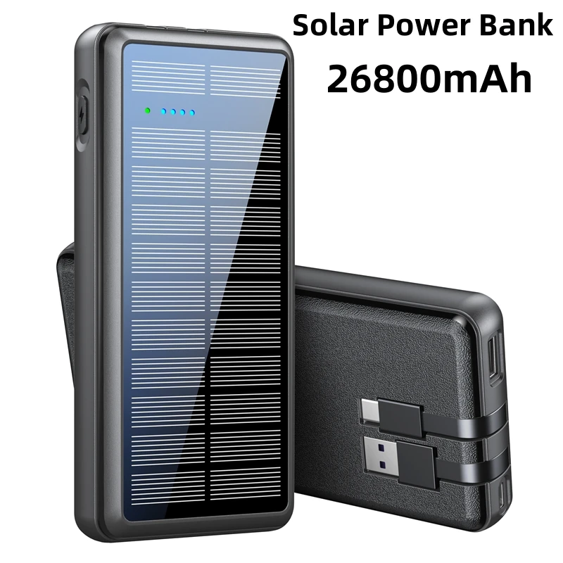 

26800mAh Solar Power Bank Portable Charger USB C for iPhone 15 14 Samsung Xiaomi Powerbank Built in Cable External Battery Pack