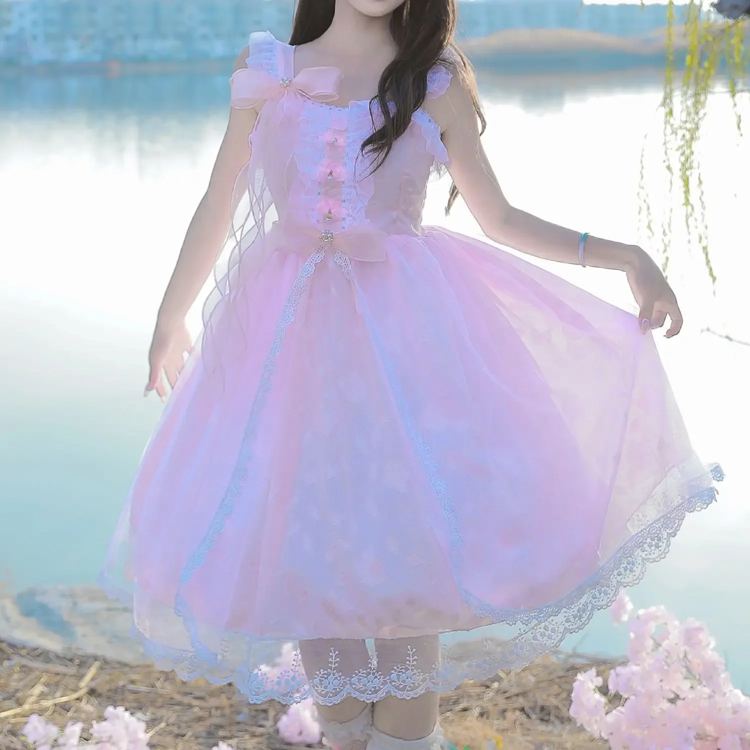 Coalfell [الجاكار الوردي] التصميم الأصلي لطيف وحلو لوليتا منتفخ فستان حزام JSK فستان جنية المرأة