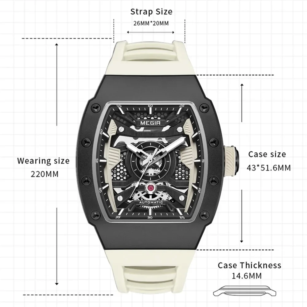 MEGIR 8604 Luxury Men's Automatic Mechanical Watch Waterproof Hollow Out Silicone Strap Sports Wristwatch Clock Reloj Hombre