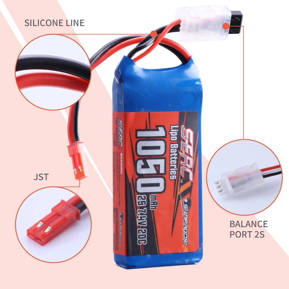 SUNPADOW 2S 7.4V Mini bateria Lipo 1050mAh 20C z wtyczka JST dla RC samolot Quadcopter dron helikopter FPV Model Racing 2 sztuk