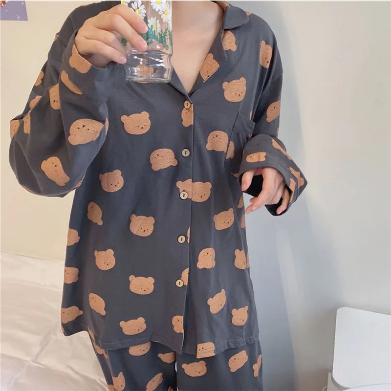 New Ins Bear Pajamas Women\'s Sweet and Cute Long Sleeved  Nightwear 2 Pieces Set Student Girl Cartoon Casual Home Wear Suit