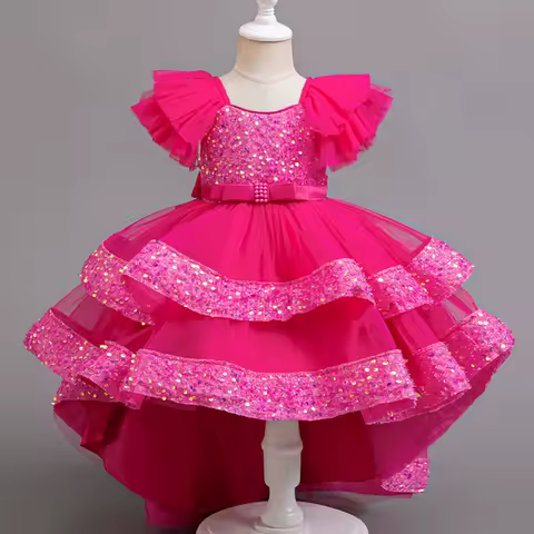 Girls Party Dresses Elegant Tulle Layered Children Long Evening Prom Gown Sequins Puffy Festive Dress for Girl