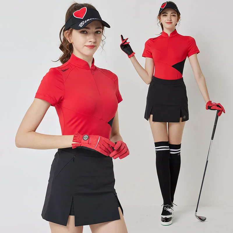 

Blktee Summer Contrast Color Slim Tops Girl Short Sleeve Golf Shirts Lady A-lined Skort High Waist Split Skirt Golf Clothes Sets