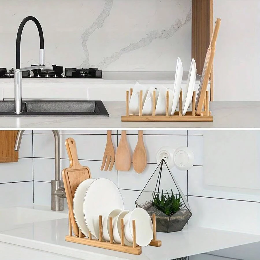 1/2 stücke Bambus Dish Platte Schüssel Tasse Buch Topf Deckel Schneiden Bord Trocknen Rack Stehen Abtropffläche Lagerung Halter Organizer küche – Detail 3