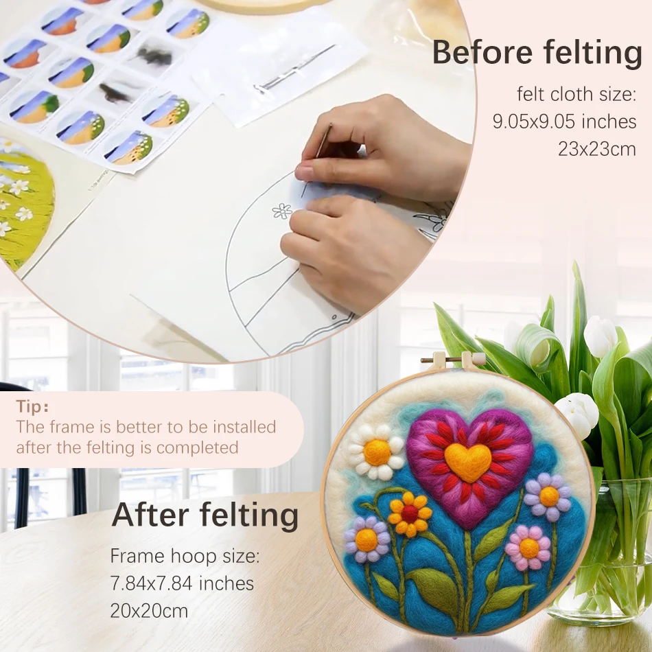 PhotoCustom Wool Felting Painting Kit With Embroidery Kit Flower Funny Diy Felt Needle Wool Painting 20X20cm Frame For Mom Gift