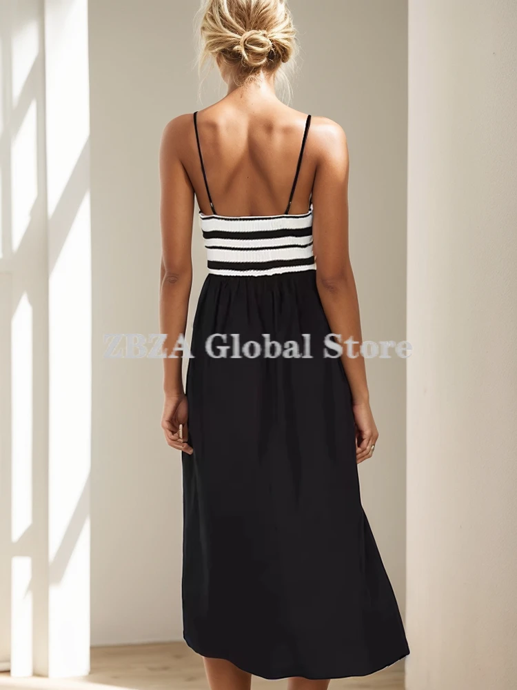 ZBZA Damska patchworkowa sukienka z dzianiny slim fit szelki casual bez rękawów średniej długości z wysokim stanem linia a Elegancka spódnica lato