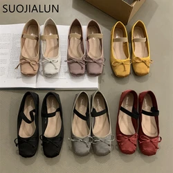 SUOJIALUN 2023 Autumn Women Flat Shoes Fashion Skin Ladies Elegant Shallow Round Toe Ballet Shoes Soft Casual Flat Dress Mary Ja