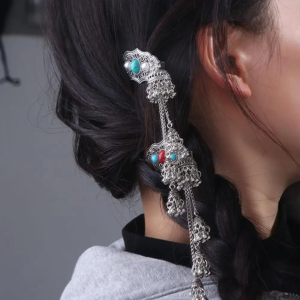 

Vintage Turquoise Tassel Bell Hair Clip Elegant Pearl Ethnic Style Hairpin Retro Side Clip Chinese Style Hair Accessories