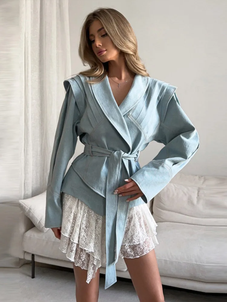 

Chic Belted Wrap Blazer Outerwear For Woman Structured-Shoulder Lapel Jacket 2025 New Elegant Office Party Evening Female Outfit