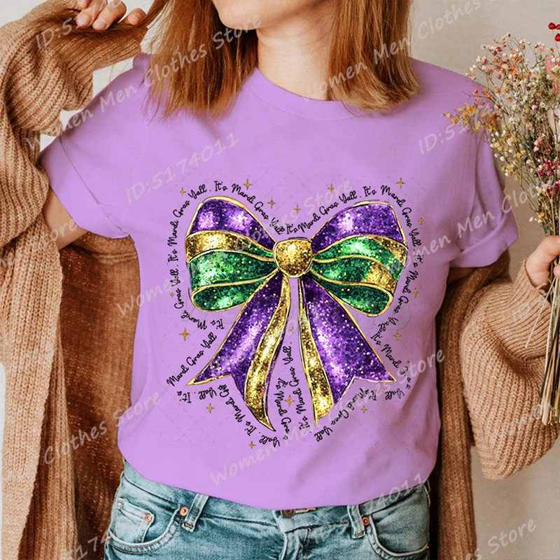 

Bow It's Mardi Gras Y'all Print T-shirts For Women Summer Round Neck Hot Selling Tee Shirt New Fashion Casual Loose Soft T-Shirt