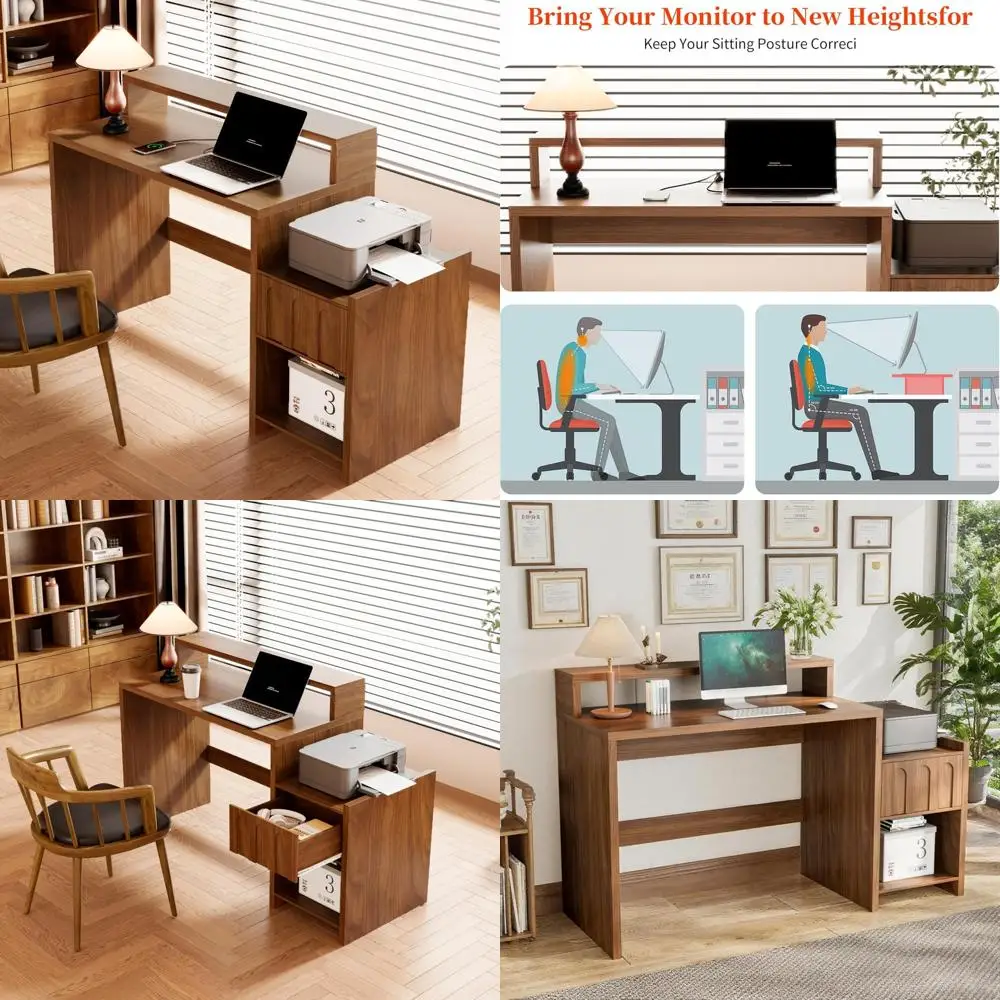 مكتب تنفيذي حديث من خشب الجوز في منتصف القرن، مكتب منزلي على طراز المزرعة مقاس 60 بوصة مع درج ورف للطابعة #1