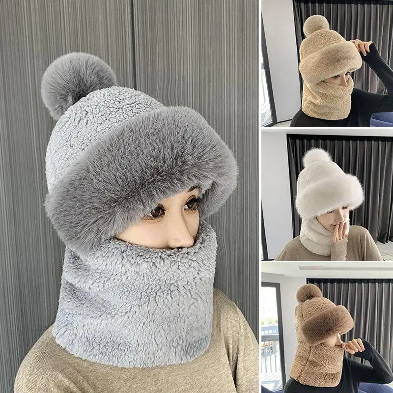 

Windproof Warm Baotou Cap Winter Scarf Set Hooded Plush Neck Warm Fluffy Fur Bucket Hat Full Face Cover Ski Cycling Mask