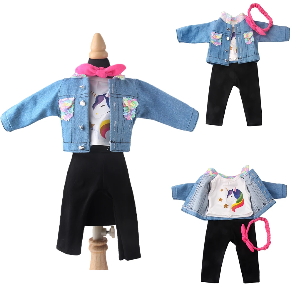 

18 inch doll girl denim four piece set, sweet and cool girl denim outfit, cute and soft cute pony pink blue color blocked sequin