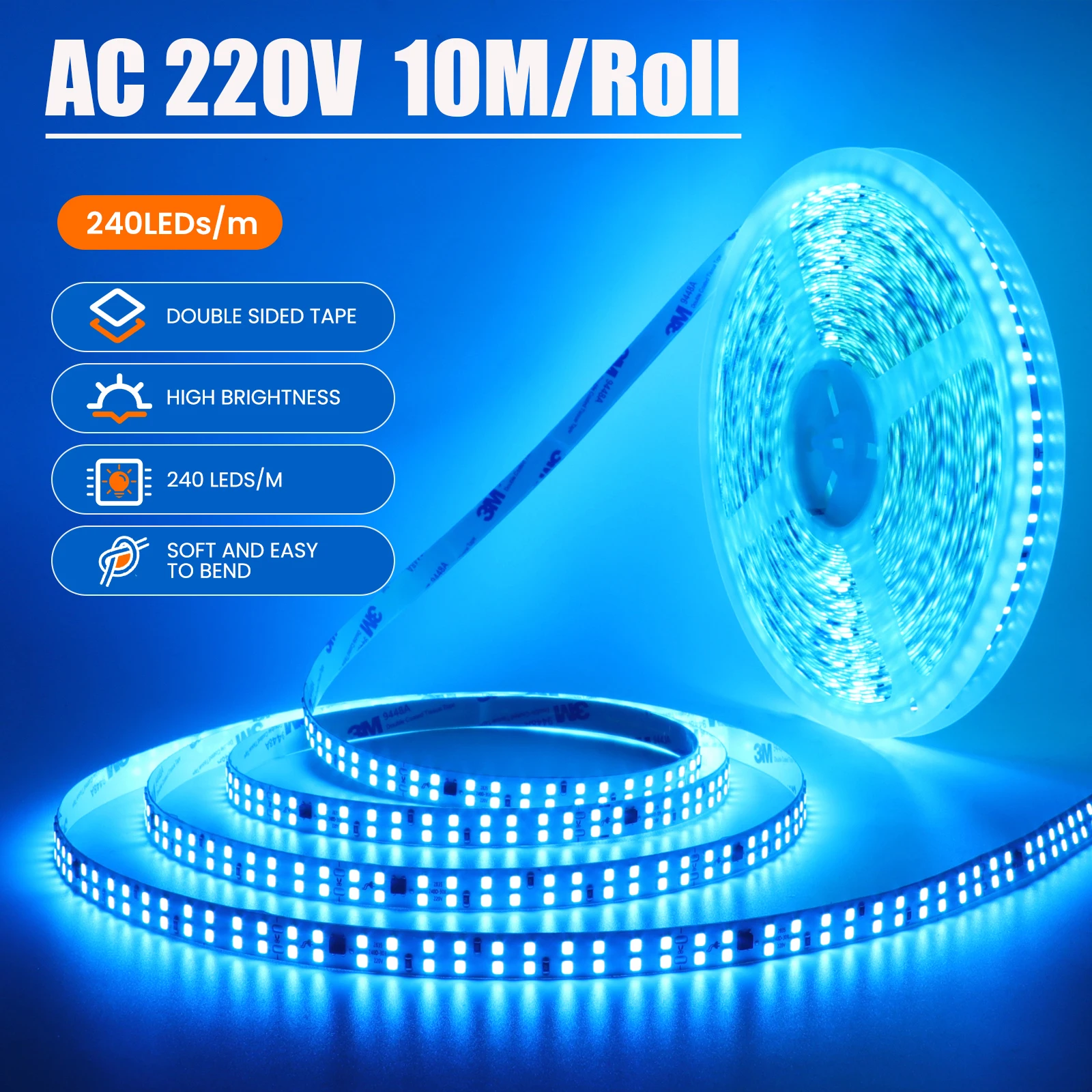 10M 20M/Roll AC 220V 240V LED Strip 240Leds/M 3000K 4000K 6000K Ice Blue/Yellow Home Decoration Flexible Ribbon Rope Tape Light