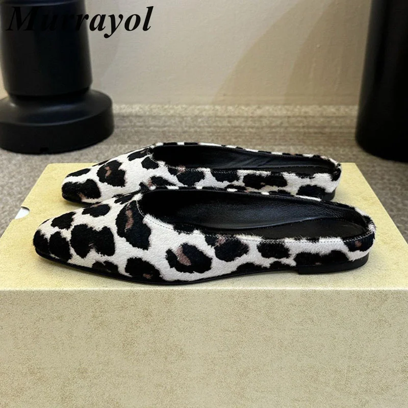 Half Slipper Closed Toe Lazy Mules Women Leopard Print Suede Flat Bottom Sandals Spring Autumn Outdoor Vacation Walking Shoes