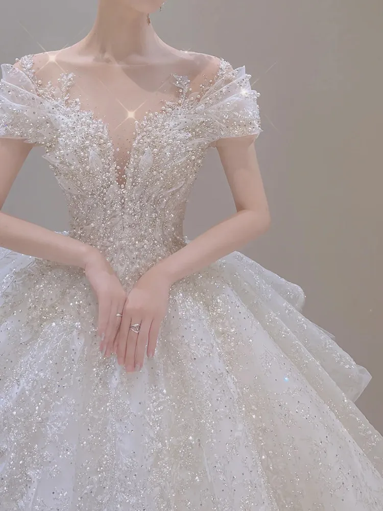 Main Wedding Dress Bride 2026 New Advanced Texture off-Shoulder French Heavy Industry Retro Large Tail Wedding Spring