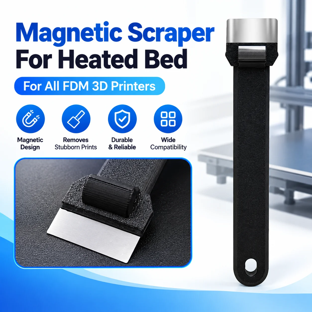 Magnetic Scraper for 3D Printer Heated Bed FDM Print Bed Removal Tool Hotbed Shovel Replacement Blade Kit for All FDM 3D Printer