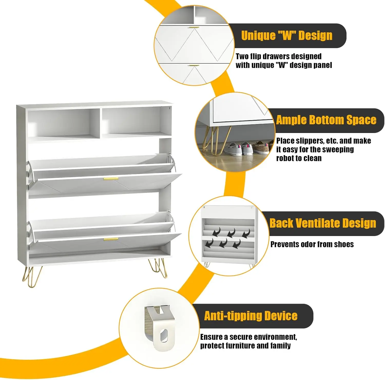 خزانة أحذية بيضاء كبيرة مقاس 46 بوصة مع درجين ورفوف مفتوحة، ومنظم مدخل ضيق