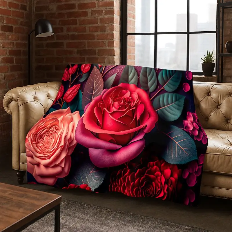 Romantic Rose Flower Daisy Cartoon Flannel Blanket Soft Warm Throw Blanket for Bedroom Living Room Bed Travel Camping Picnic kid