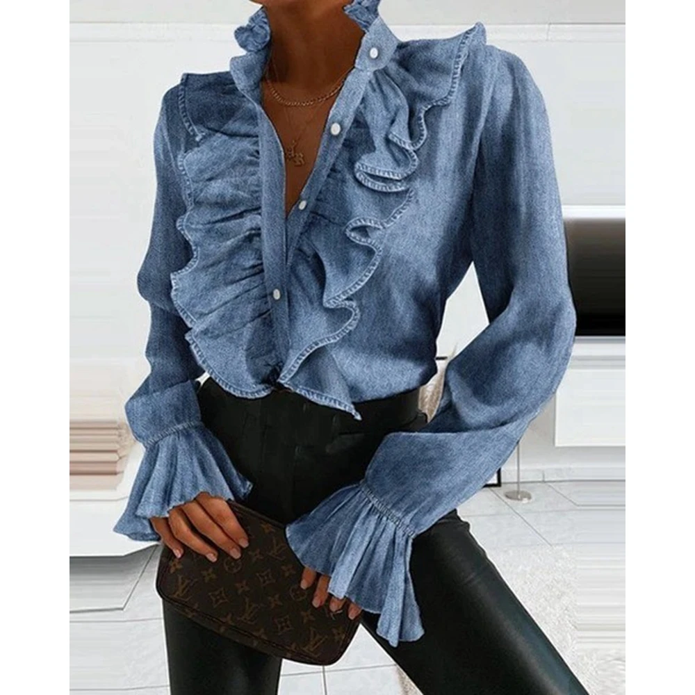 

Women Long Sleeve Ruffles Buttoned Casual Blouse Top 2024 Lady Flare Sleeve Elegant Spring Shirts Outfits Korean Style