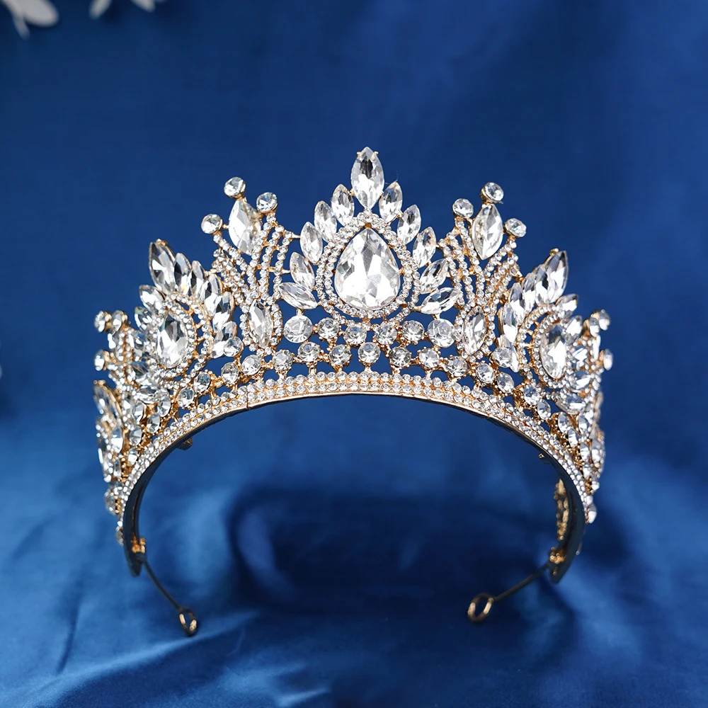 Роскошные высокие золотые цвета с кристаллами королевской королевы, свадебная корона для женщин, диадемы для банкета, костюм для вечеринки, украшения для волос, аксессуары