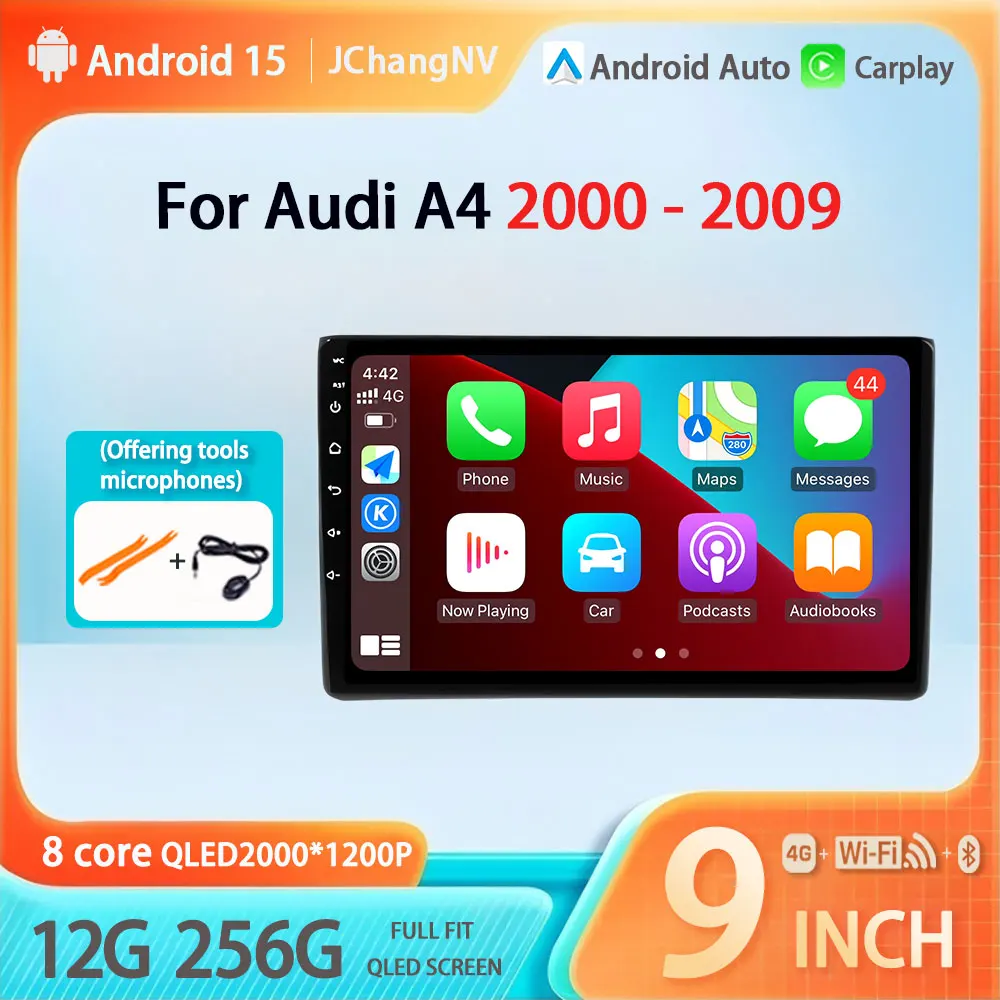 

Wireless CarPlay Android Auto Radio For Audi A4 2000 - 2009 4G WIFI Car Multimedia Player GPS Autoradio QLED DSP No 2din